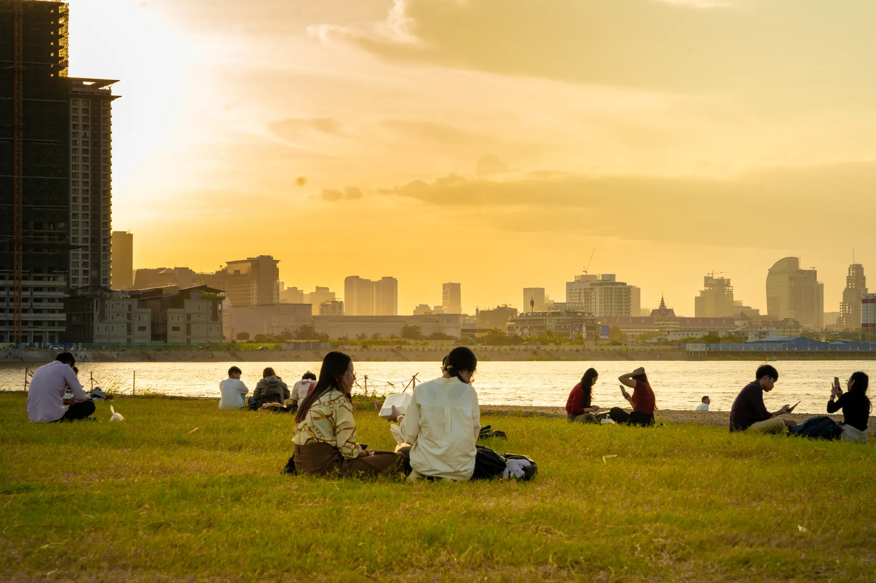 View across the river from Koh Norea toward Koh Pich at sunset