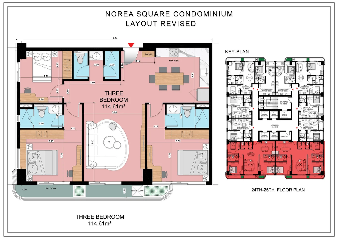 Norea Square upper floor plan, 24th to 25th floor, Type 3A